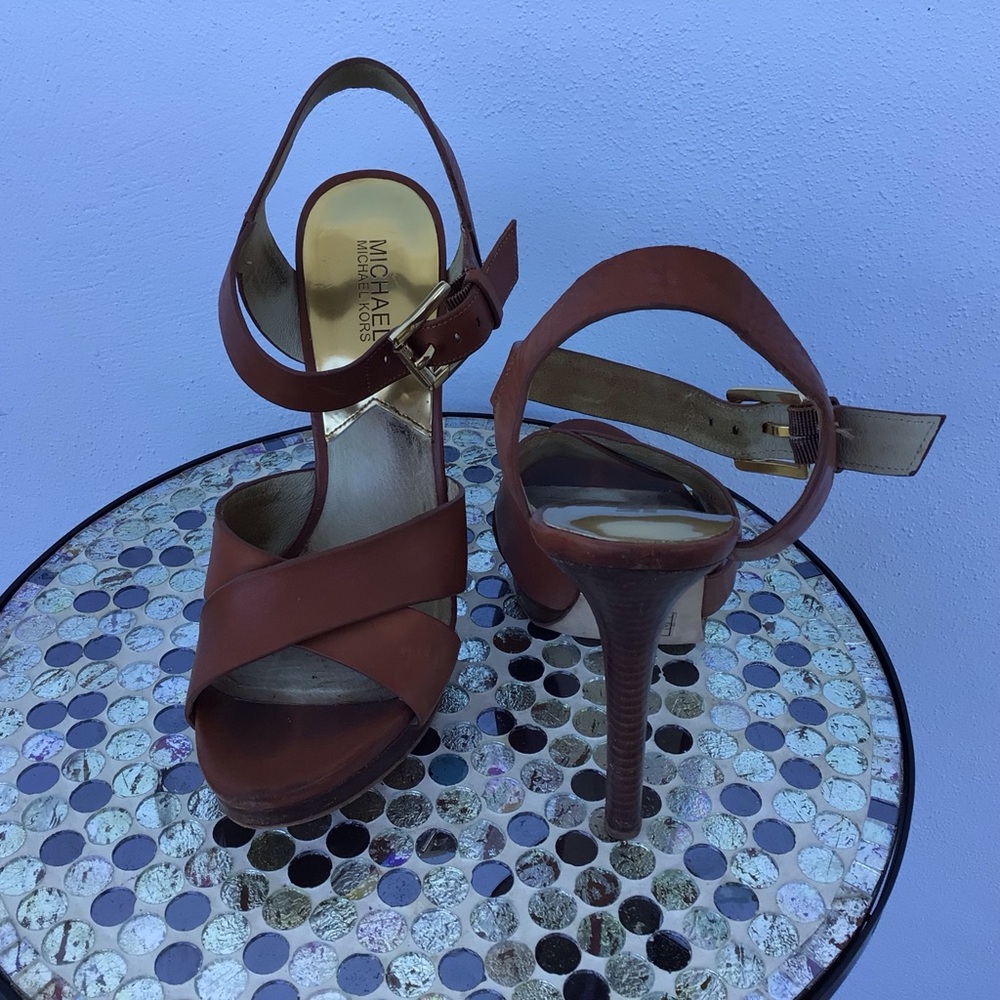 Michael Kors Women's Leather High Heeled Strappy Sandals with Signature Hardware - Picture 14 of 15